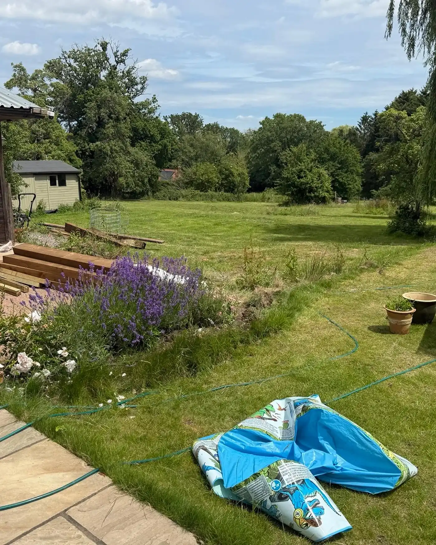 Green lawn with flowerbed, garden shed, potted plants, and a folded blue inflatable pool on grass.