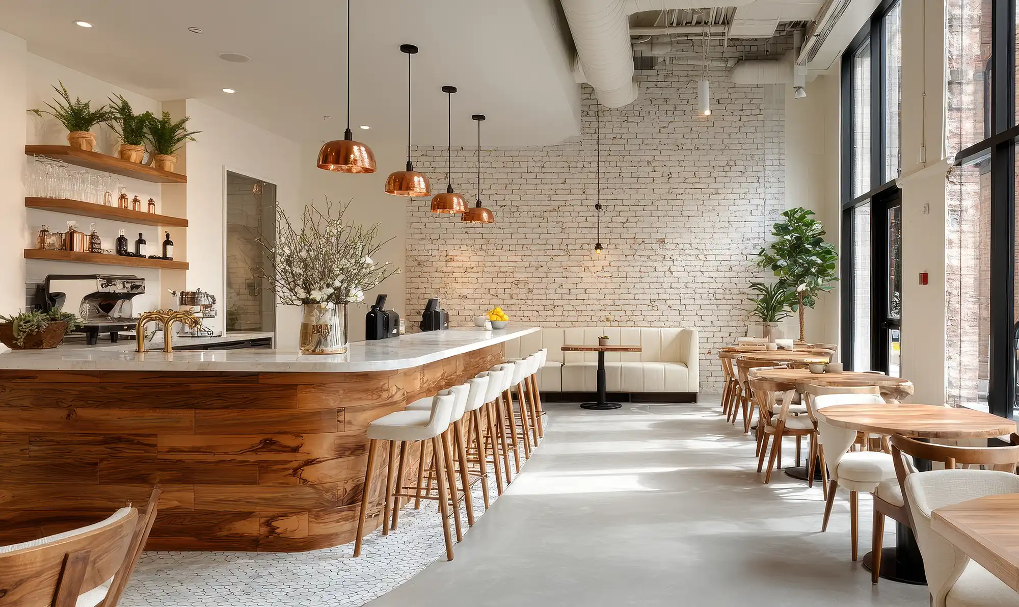 Modern cafe interior with a wooden bar counter, white marble top, and high stools; white brick wall and large windows letting in natural light; round wooden tables and chairs along the right side; copper pendant lights hanging above the bar; plants and flower arrangements decorating the space.